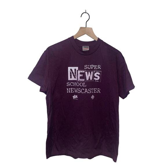 Vintage Super News Shirt School Newcaster Waxman Video Tee Purple VTG 90s Large - Picture 1 of 9